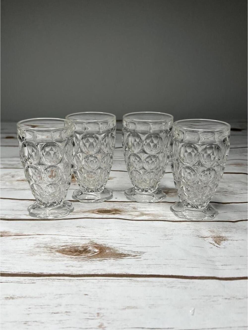 Vintage Federal Glass 4.25" Thumbprint Clear Glass Drinking Glasses (4)